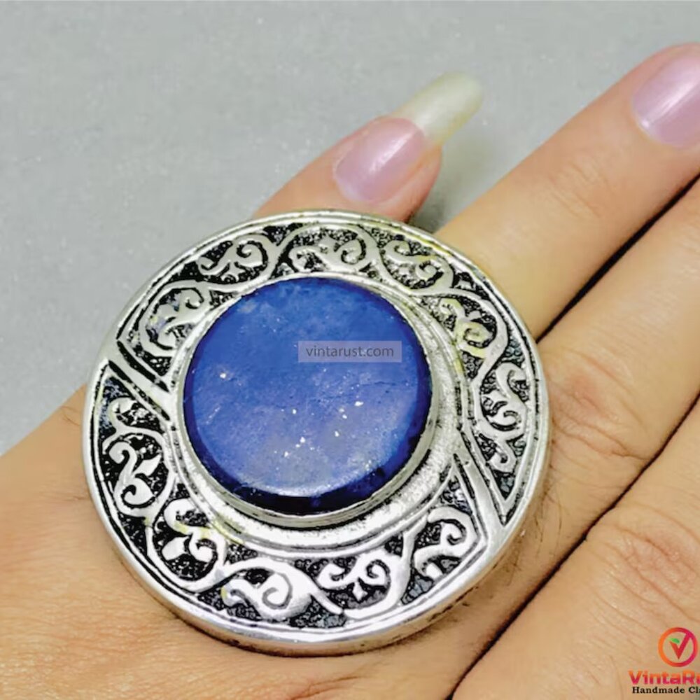 Vintage Lapis Lazuli Ring: Antique Silver Boho Statement Ring